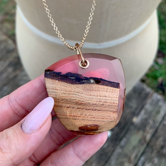 Jewelry - Blush Pink Resin & Wood Pendant Necklace